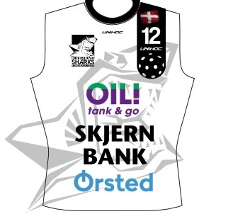 SPILLESÆT (Esbjerg Sharks) - Udebane - Unihoc - T-shirt, shorts og strømper inkl. alle logoer (Str. 120-XXL)