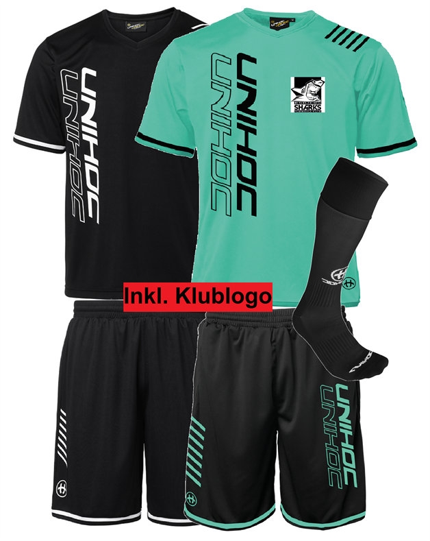 SPILLESÆT (Esbjerg Sharks) - Unihoc Vandetta - T-shirt, shorts og strømper inkl. klublogo (Str. XS-XXL)