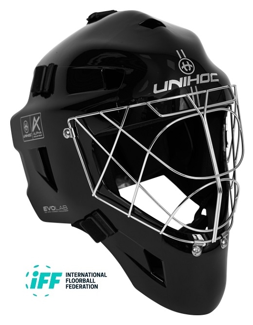 Målmands hjelm - Unihoc ALPHA PRIME EVOLAB - Sort/sølv floorball hjelm