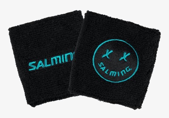 2-pak svedbånd - Salming ICON wristband - Korte håndleds bånd i sort/lagune-blå