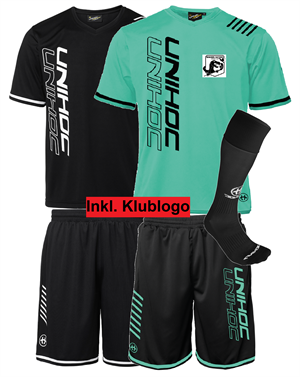 SPILLESÆT (Randers Raptors) - Unihoc Vandetta - T-shirt, shorts og strømper inkl. klublogo (Str. 120-160)