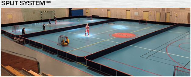 Splitter sæt 40x20 m. - IFF 3-bane SPLIT SYSTEM™ bander til floorball bane i sort - PREMIUM (6mm. letvægtsplast)