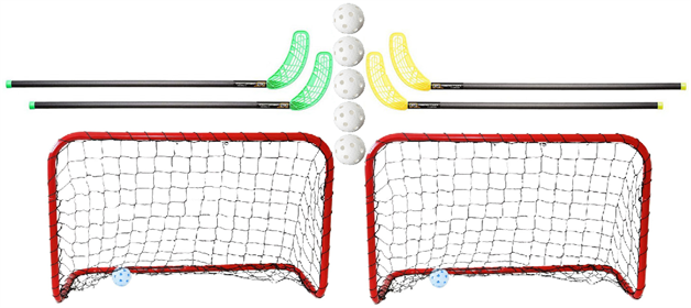 60x90 cm. mål - Startsæt til unge og voksne - Floorball sæt - Unihoc FIBER til udendørsbrug - 2 mål, 4 stave og 5 bolde